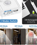 11.8 Inch Under Cabinet Light With Motion Sensor showing modes, USB charging, and lighting examples in closet, cordless magnetic design