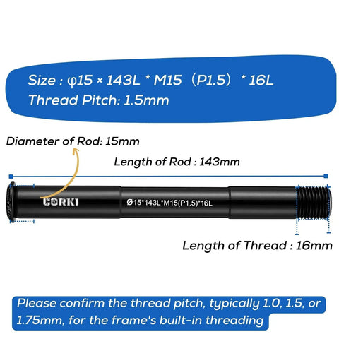 Universal 15mm Thru Axle Adapter For Bike Hubs Fits 1.0mm And 1.5mm Thread Pitch, 15mm X 143mm, diagram with measurements
