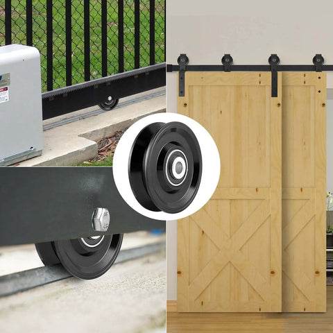 V Groove Wheel Caster For Inverted V Track With Double Bearings, Rolling Gate Caster For Gate Alignment, shown on a track.