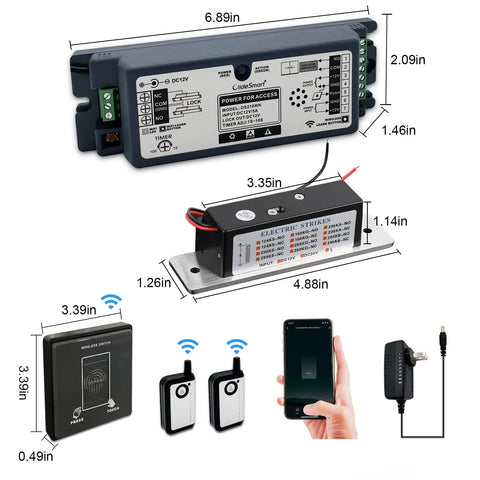 Wireless Magnetic Door Lock Kit With 400lb Holding Power, Remote And Smartphone App Control, WiFi Smart, Tuya, Alexa And Google Home Compatible, showing components, measurements, and setup.