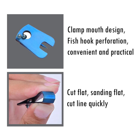 Stainless Steel Fishing Line Nipper Cutter With Keychain showing clamp mouth design for precise line cutting