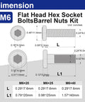 Dimensions of M6 Barrel Nuts And Bolts Set With Hex Socket Binding Screws 7.6mm 20mm 25mm 40mm Pro Grade Stainless Steel 304