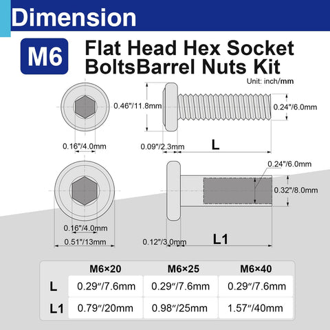 Dimensions of M6 Barrel Nuts And Bolts Set With Hex Socket Binding Screws 7.6mm 20mm 25mm 40mm Pro Grade Stainless Steel 304