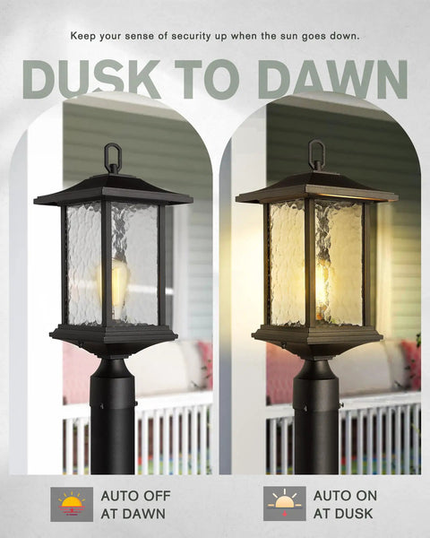 Outdoor Dusk to Dawn Post Light 21 Inch Exterior Lamp Lantern auto on at dusk off at dawn black cast aluminum water glass