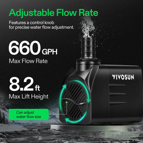 660 GPH Submersible Water Pump with 2500 L/H capacity, 35W ultra quiet aquarium and pond pump, adjustable flow valve shown