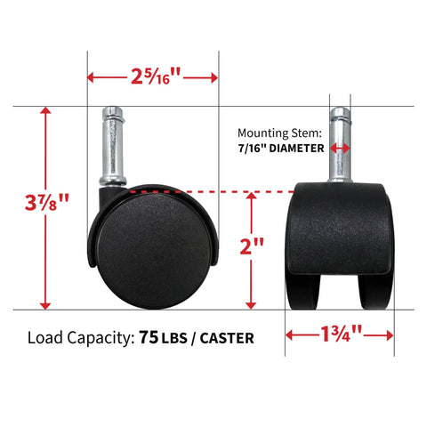 Shepherd Hardware 8741E twin-wheel furniture caster, 2-in wheel, black, 7/16-in stem — front and side views.