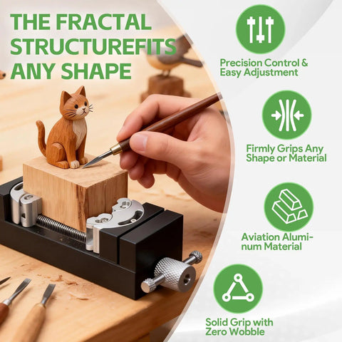 Mini Fractal Vise Clamp Aluminum Table Clamp 0 To 2.44 Inch Adjustable With Flat Jaw And Self Adjusting Fractal Jaw For Irregular Shapes Perfect For Diyers And Makers On Small Projects. Clamping a small wood cat carving for detail work