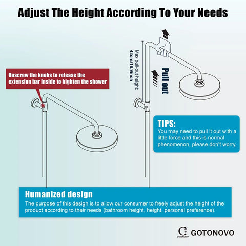 Diagram showing adjustable height feature of Matte Black Exposed Shower Fixture Set with 3 in 1 Diverter Valve Brass Body 8 Inch Rainfall