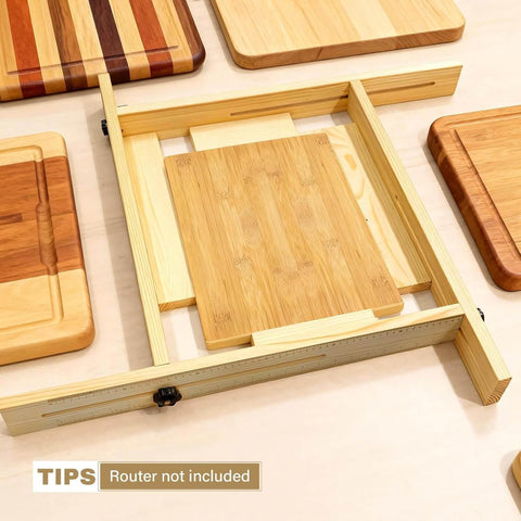 Juice Groove Router Jig for Cutting Boards Adjustable Wooden Router Guide for Precise Juice Grooves, showing setup with wooden panels.