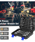 14 Piece Ratchet Spanner Set With Multitool Wrenches in open case, mechanic in background, ideal for car repair and DIY projects.