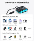 7-In-1 Cigarette Lighter Splitter With 120W Car Charger with compatibility guide showing devices for USB and socket ports.