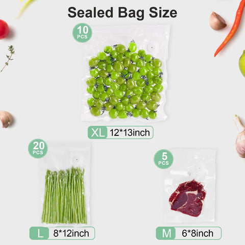 Compact Food Vacuum Sealer With 60kPa Power, Rechargeable Handheld Kitchen Saver Includes 35 Reusable Bags In 3 Sizes displaying contents