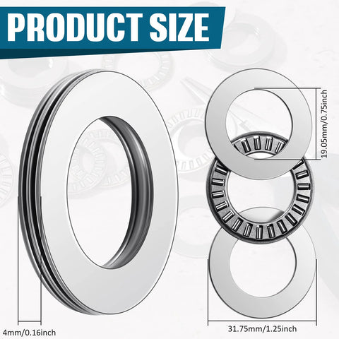 Front view of a 10-set thrust needle roller bearing with washers; bore 0.75 in, OD 1.25 in.