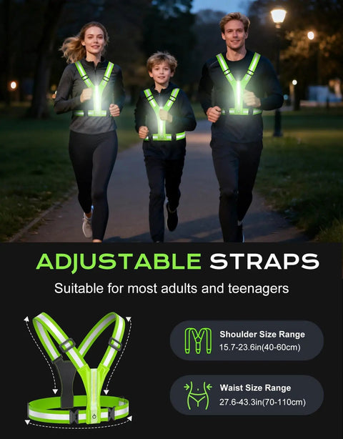 Family wearing LED Reflective Vest With 360 Degree Visibility, 40 Front And Back LEDs, Waterproof, Adjustable Running Gear in park