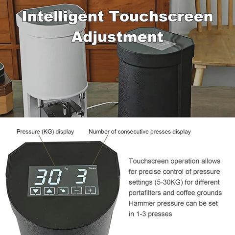Top Shelf Electric Coffee Tamper With Smart Auto Sensor And Tough Stainless Steel Build For Spot On Espresso Pressure And Next Level Daily Grinds At Home Or Local Cafe showing touchscreen adjustment and pressure display.