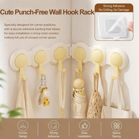 No Drill Drama Heavy Duty Wall Hook Rack With Grip Tape That Saves Your Paint While Serving A Flexible Swivel Fold Capable Of Handling Coats Jackets Towels Gear And Daily Essentials In Bathrooms Kitchens Or Dorms, 6 hooks, corner design, strong adhesive.