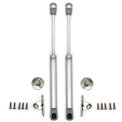 Top Shelf Heavy Duty Gas Struts 2 Pack For Cabinet Doors And Toy Box Lids 150N, includes struts and fittings for easy installation.