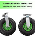 View of 10 Inch Pneumatic Caster Wheels 4 Pack Rubber Air Tires with galvanized brackets for easy installation.
