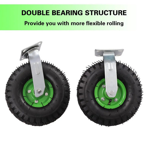 View of 10 Inch Pneumatic Caster Wheels 4 Pack Rubber Air Tires with galvanized brackets for easy installation.