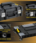 Rolling Tool Box With Wheels, 4-In-1 Modular Organizer System showing metal latches, inset handles, and universal wheels.