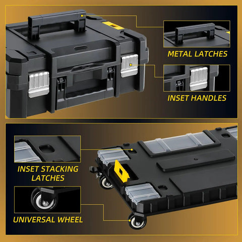 Rolling Tool Box With Wheels, 4-In-1 Modular Organizer System showing metal latches, inset handles, and universal wheels.