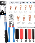 Tivorex battery cable lug crimping tool with blue handles and cutter, 64 copper lugs and 70 heat shrink tubes