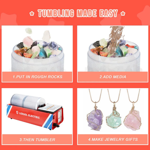 Steps for using Rock Tumbler Kit With 6Lb Capacity For Home Jewelry Making, Easy To Use, Beginner-Friendly, And Low Maintenance