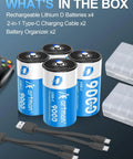 Heavy Duty Rechargeable Lithium Ion D Cell Batteries 4 Pack 1.5 Volt With Usb C Cable ready to roll with two charging cables and organizers.