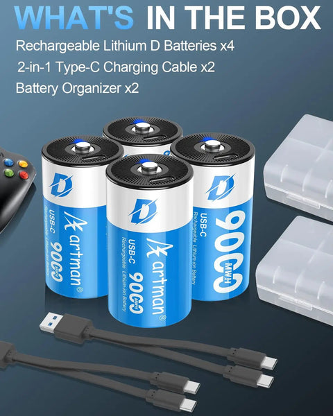 Heavy Duty Rechargeable Lithium Ion D Cell Batteries 4 Pack 1.5 Volt With Usb C Cable ready to roll with two charging cables and organizers.