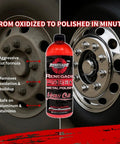 Front view: Renegade Pro Red Liquid Metal Polish bottle between an oxidized left wheel and chrome right wheel.