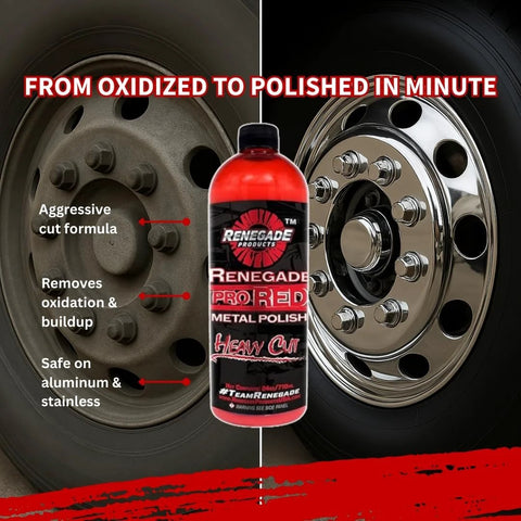 Front view: Renegade Pro Red Liquid Metal Polish bottle between an oxidized left wheel and chrome right wheel.