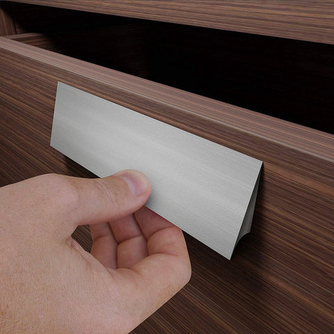 Installing self-adhesive edge fingerpull door handle on wood drawer, screwless peel and stick installation, ideal for sliding doors, 2 pack.