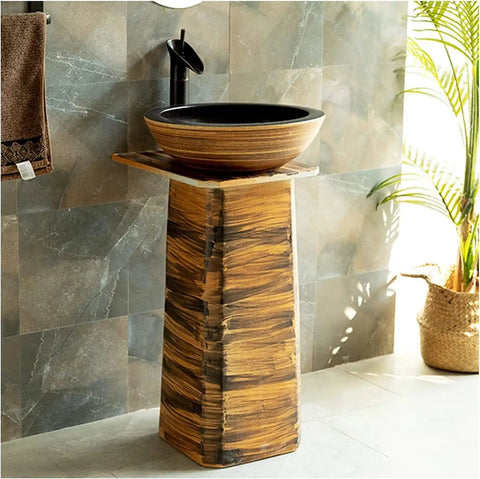 Slick Ceramic Vessel Sink With Retro Industrial Pedestal Basin Design, wooden pedestal, black bowl, stylish bathroom feature.