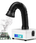 Desktop Solder Fume Extractor With Adjustable Speed and LED display showing digital readout, capturing smoke from soldering process.