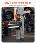 Tough As Nails Steel Tool Box With Three Smooth Rolling Drawers, held by worker, portable handle for easy transport.