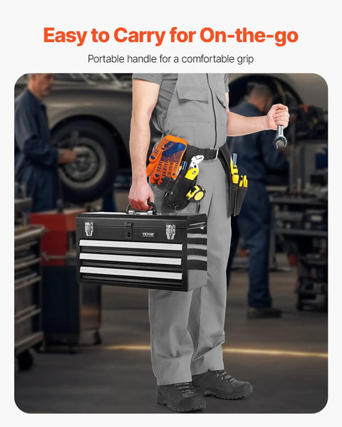 Tough As Nails Steel Tool Box With Three Smooth Rolling Drawers, held by worker, portable handle for easy transport.