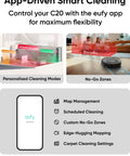 Diagram of robot vacuum app features, showing map management, scheduled cleaning, no-go zones, and edge-hugging mopping.