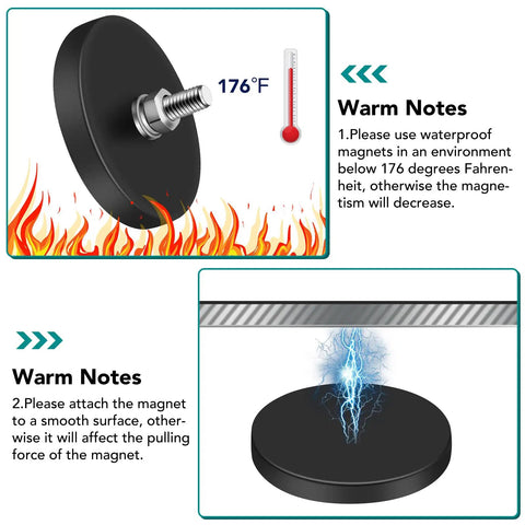 Image of Rubber Coated Neodymium Magnets 30 Lbs Each With 1.69 Inch Circular Base And M5 Assembly Base, featuring safety notes