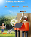 Solar Powered WiFi Sprinkler Timer With 4 Zones And Water Flow Meter attached to outdoor faucet, kids playing in background