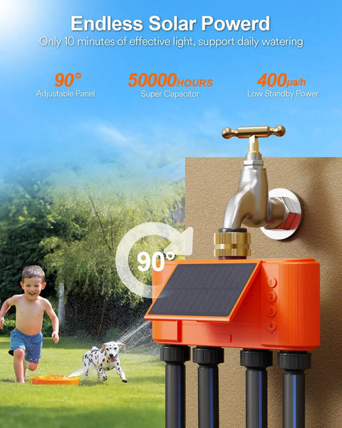Solar Powered WiFi Sprinkler Timer With 4 Zones And Water Flow Meter attached to outdoor faucet, kids playing in background