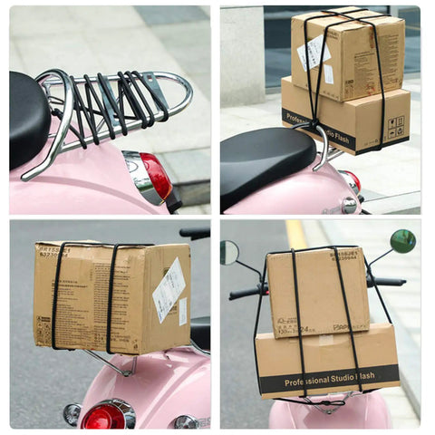 20 Piece 36 Inch Bungee Cords With Hooks Adjustable Elastic Tie Downs securing boxes on a scooter's rear seat
