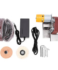 Luocute 9000Rpm Mini Belt Sander With 7 Adjustable Speeds Transforms Into Compact Bench Grinder For Jewelry Making Polishing And Cutter Sharpening Essential Tool For Resin Craft And Workshop Projects showing parts including sander, power supply, sanding belts.