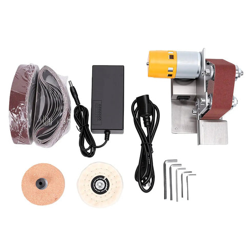 Luocute 9000Rpm Mini Belt Sander With 7 Adjustable Speeds Transforms Into Compact Bench Grinder For Jewelry Making Polishing And Cutter Sharpening Essential Tool For Resin Craft And Workshop Projects showing parts including sander, power supply, sanding belts.