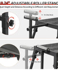 Rock Solid Heavy Duty Miter Saw Stand With Extension Rollers showing adjustable height and rollers for different job requirements.