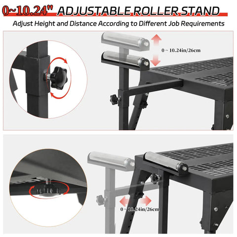 Rock Solid Heavy Duty Miter Saw Stand With Extension Rollers showing adjustable height and rollers for different job requirements.