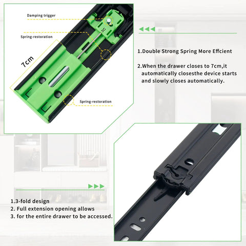 Close-up view of 12 Inch Full Extension Drawer Slides With Ball Bearing Rails Side Mount Soft Close Heavy Duty 100 Lb Capacity Quiet Smooth Glide 3 Fold Drawer Runners For Cabinets Kitchen And Bath.