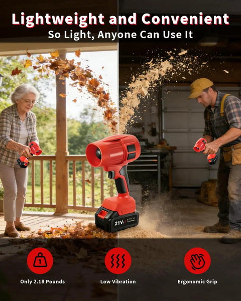 People using the 21V Cordless Leaf Blower, Ultra Lightweight Handheld Turbo Jet, Dual 4Ah Batteries with ergonomic handle