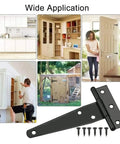 Rock Solid Heavy Duty Black T Shape Iron Hinges Built Like A Tank For Sliding Barn Doors And Fences With Silent Glide Galvanized Coating Quick Snap Install Two Pack Measures Approx 95 By 64 Mm Each shown in various applications.