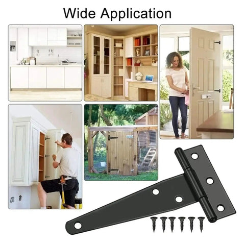 Rock Solid Heavy Duty Black T Shape Iron Hinges Built Like A Tank For Sliding Barn Doors And Fences With Silent Glide Galvanized Coating Quick Snap Install Two Pack Measures Approx 95 By 64 Mm Each shown in various applications.