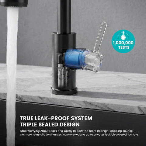 Slick Matte Black Kitchen Faucet With Pull Down Spray And Smooth Single Handle Control Built Like A Brick House With Solid 304 Stainless Steel showing leak-proof system mechanism.